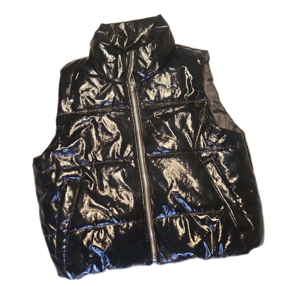 Ambiance Puffer Vest Large L Black Shiny Wet Look Cropped Quilted High Collar